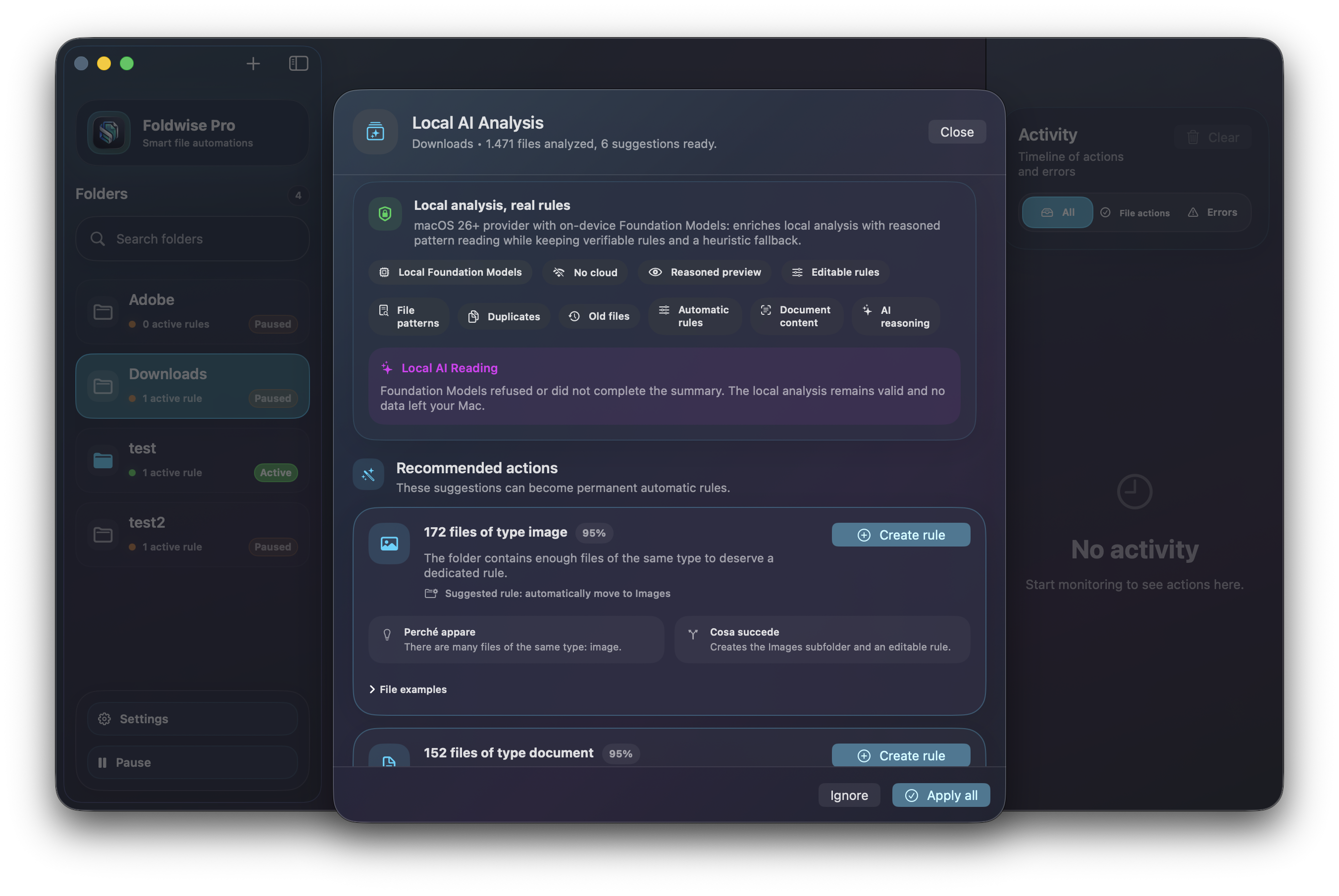Analisi AI locale di Foldwise con suggerimenti per creare regole automatiche