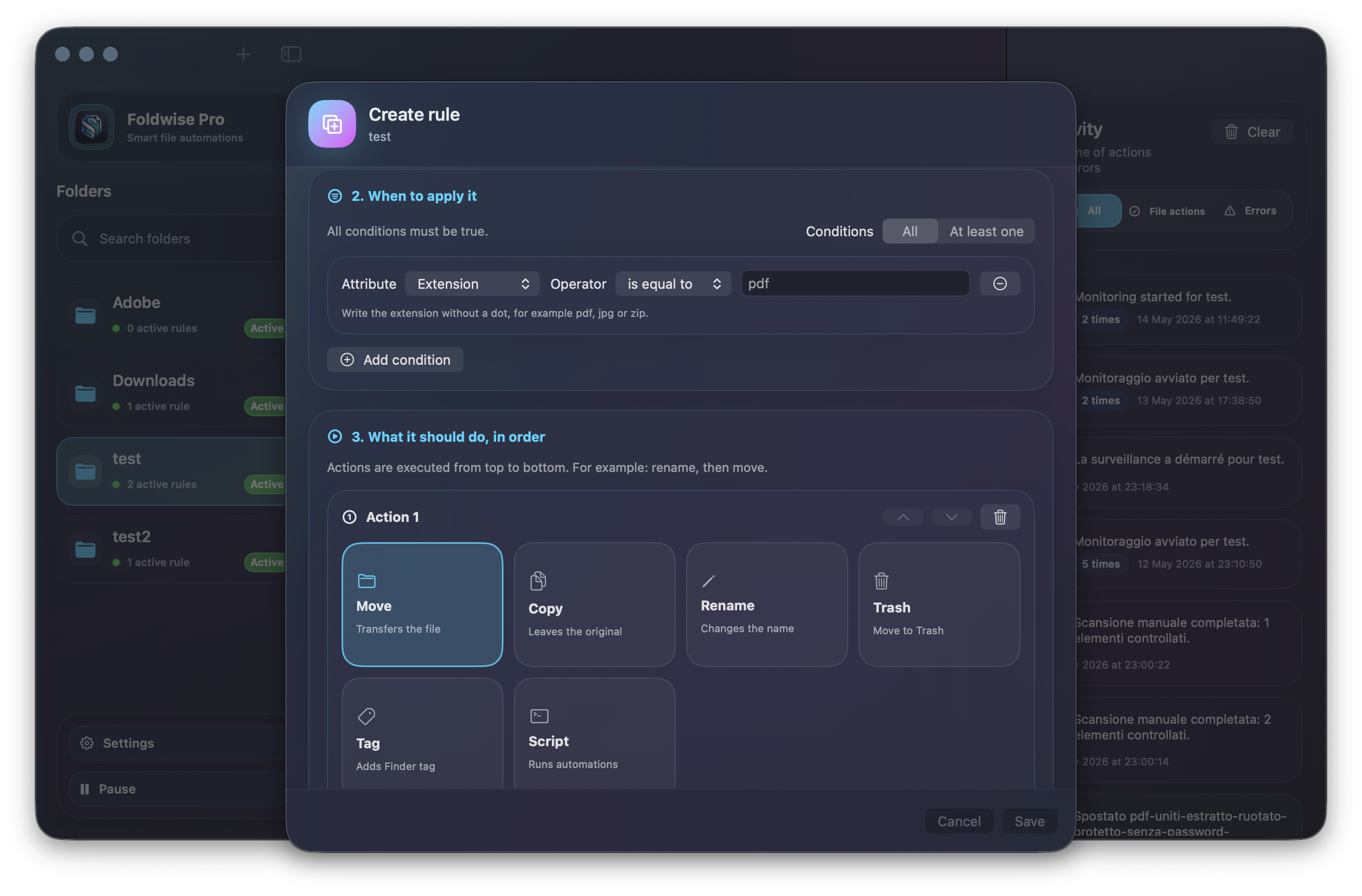 Builder regole di Foldwise con condizioni e azioni automatiche